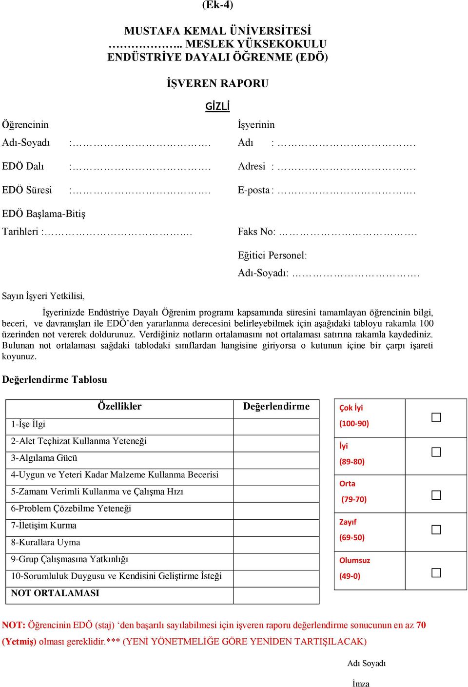 ĠĢyerinizde Endüstriye Dayalı Öğrenim programı kapsamında süresini tamamlayan öğrencinin bilgi, beceri, ve davranıģları ile EDÖ den yararlanma derecesini belirleyebilmek için aģağıdaki tabloyu