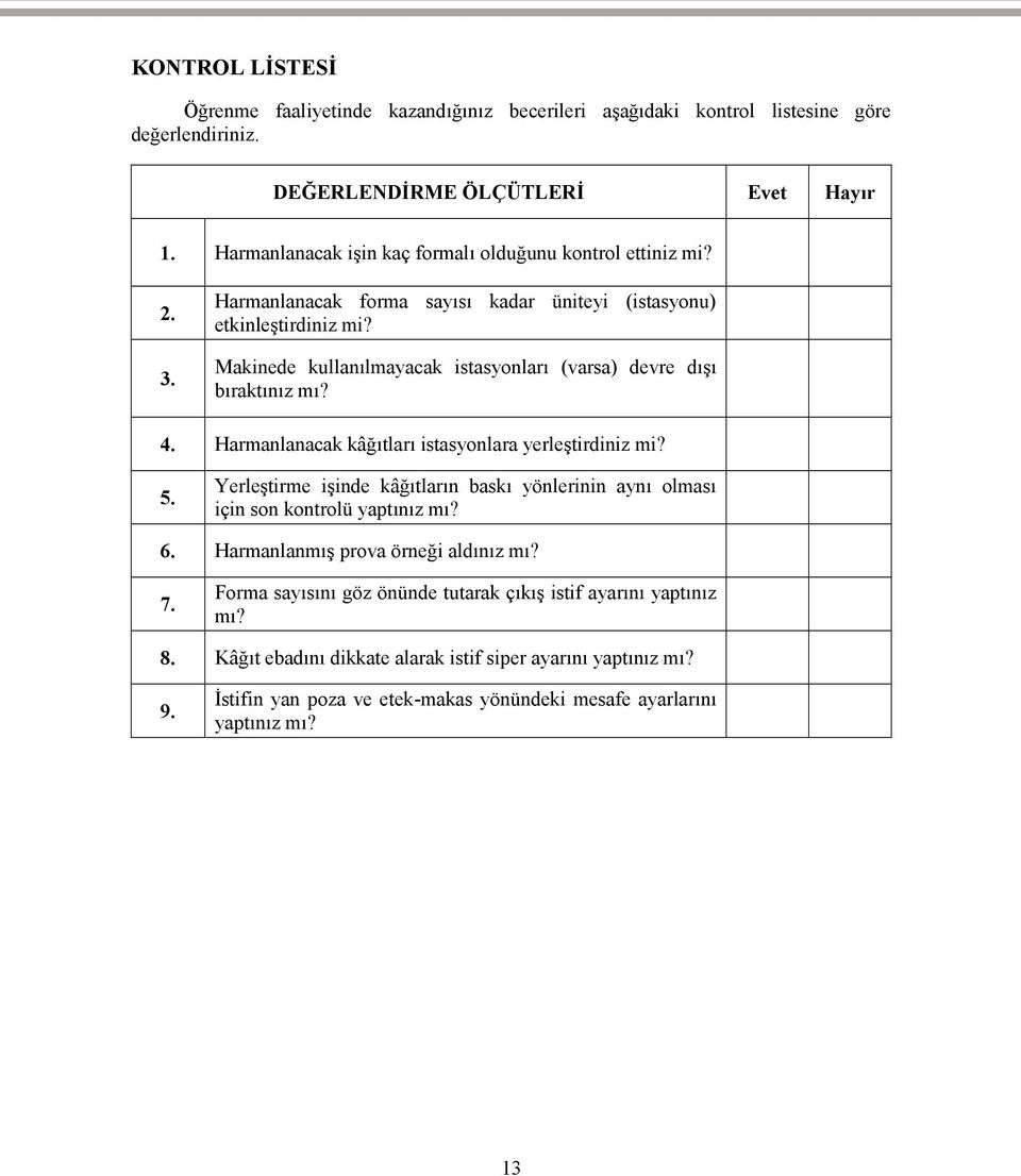 Makinede kullanılmayacak istasyonları (varsa) devre dışı bıraktınız mı? 4. Harmanlanacak kâğıtları istasyonlara yerleştirdiniz mi? 5.