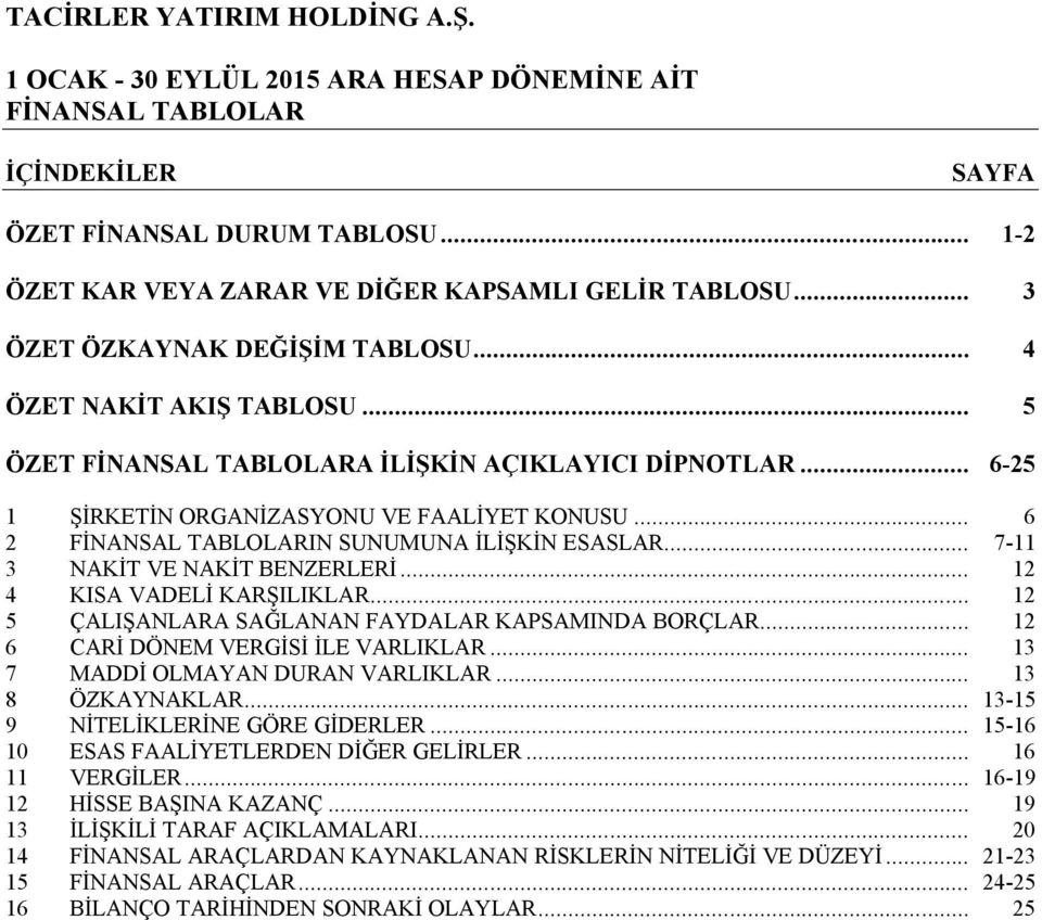 .. 7-11 3 NAKİT VE NAKİT BENZERLERİ... 12 4 KISA VADELİ KARŞILIKLAR... 12 5 ÇALIŞANLARA SAĞLANAN FAYDALAR KAPSAMINDA BORÇLAR... 12 6 CARİ DÖNEM VERGİSİ İLE VARLIKLAR.