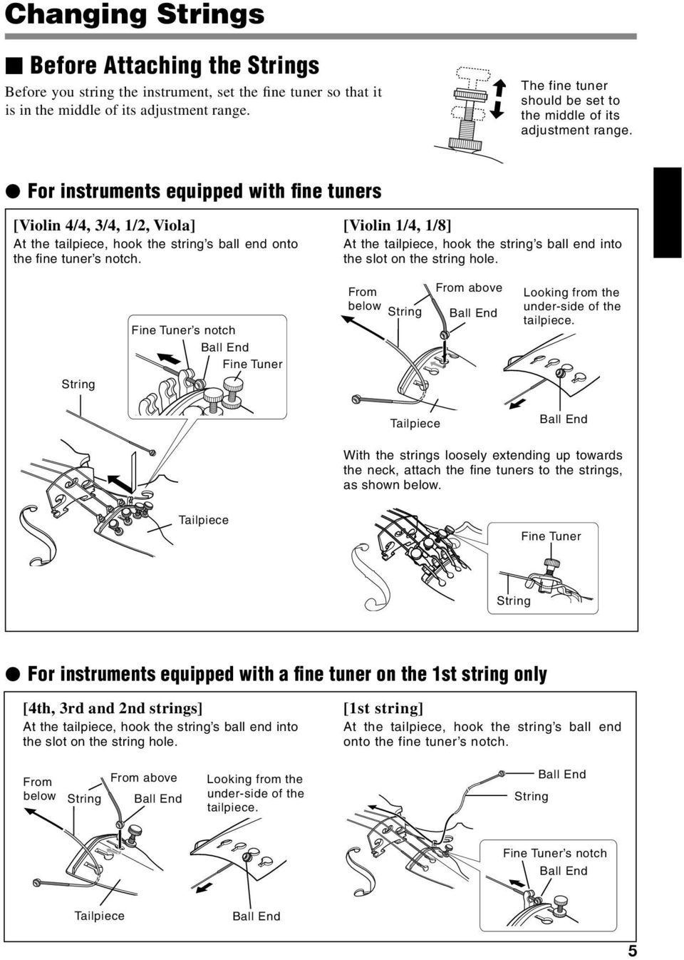 For instruments equipped with fine tuners [Violin 4/4, 3/4, 1/2, Viola] At the tailpiece, hook the string s ball end onto the fi ne tuner s notch.