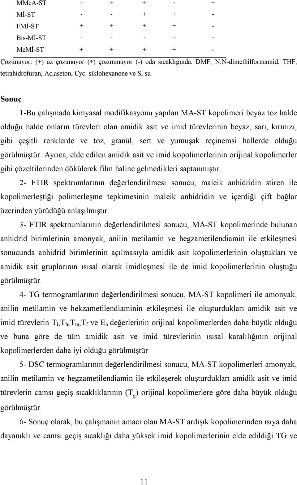 siklohexanone ve S, su Sonuç 1-Bu çalışmada kimyasal modifikasyonu yapılan MA-ST kopolimeri beyaz toz halde olduğu halde onların türevleri olan amidik asit ve imid türevlerinin beyaz, sarı, kırmızı,