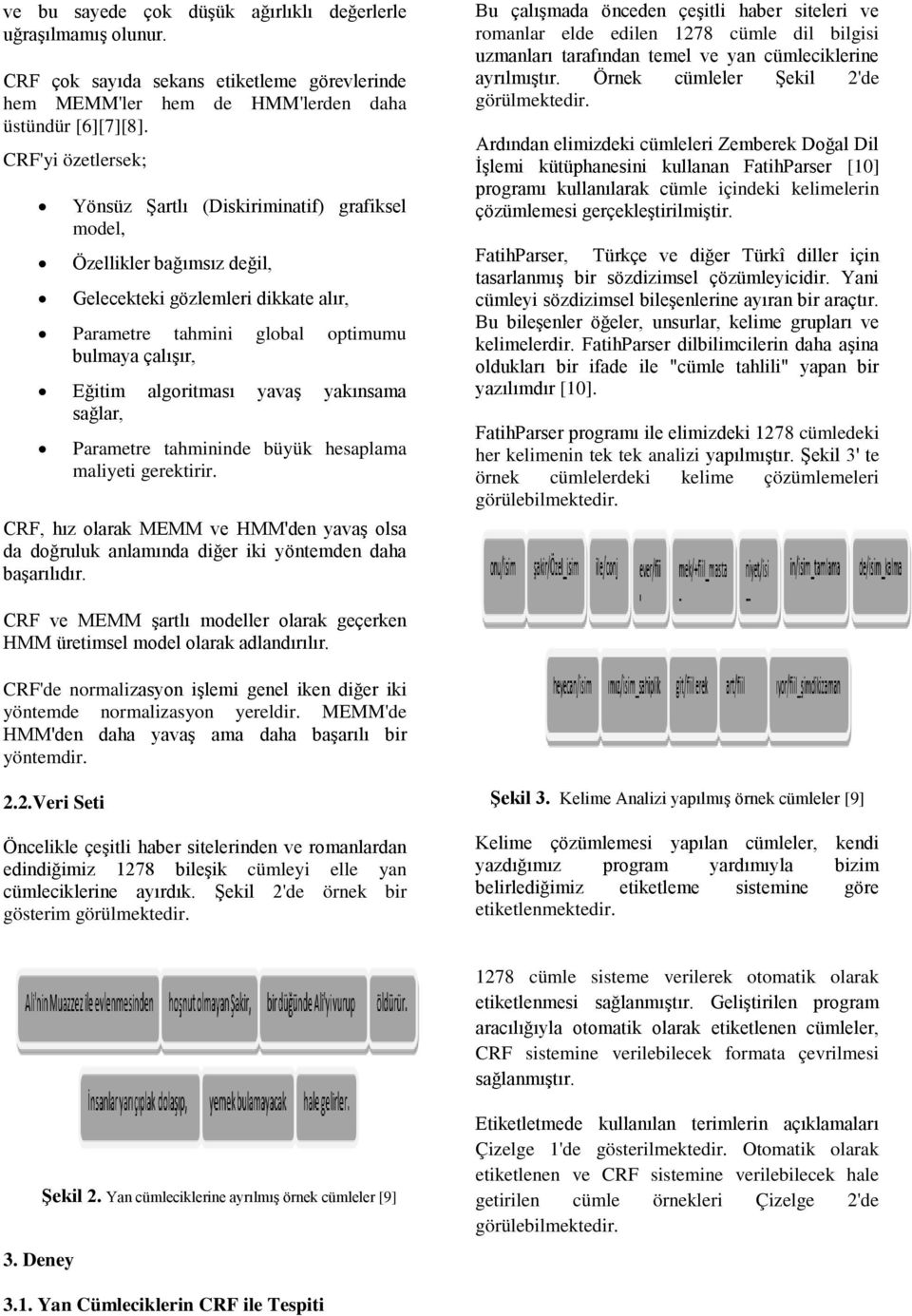 algoritması yavaş yakınsama sağlar, Parametre tahmininde büyük hesaplama maliyeti gerektirir. CRF, hız olarak MEMM ve HMM'den yavaş olsa da doğruluk anlamında diğer iki yöntemden daha başarılıdır.