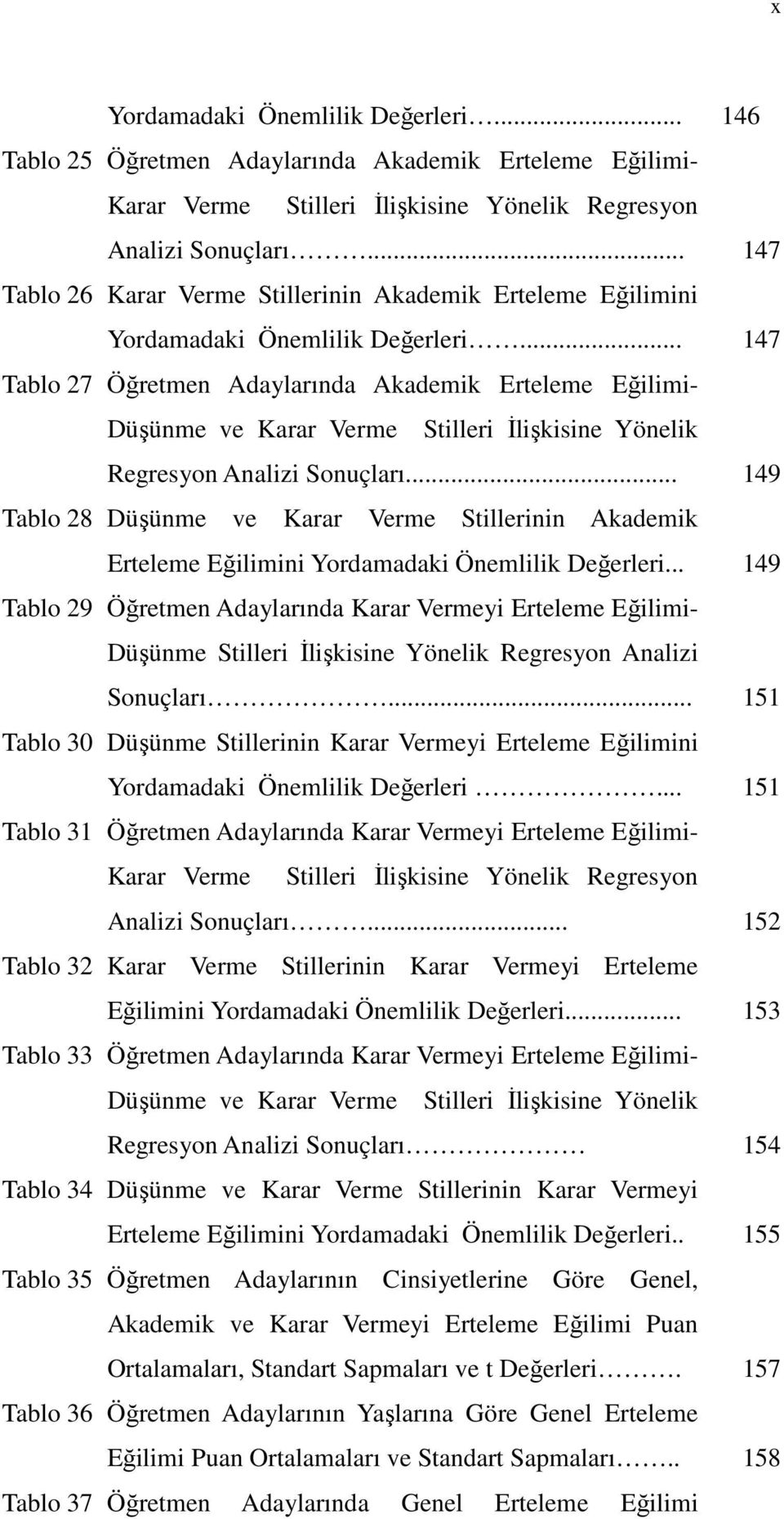 .. 147 Tablo 27 Öğretmen Adaylarında Akademik Erteleme Eğilimi- Düşünme ve Karar Verme Stilleri İlişkisine Yönelik Regresyon Analizi Sonuçları.