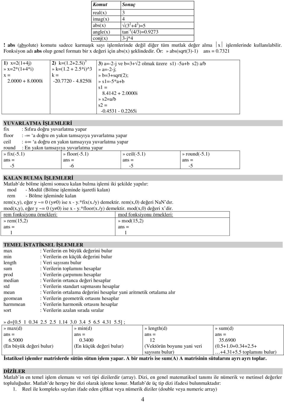Ör:» abs(sqrt(3)-1) 0.7321 1) x=2(1+4j)» x=2*(1+4*i) x = 2.0000 + 8.0000i 2) k=(1.2+2.5i) 3» k=(1.2 + 2.5*i)^3 k = -20.7720-4.