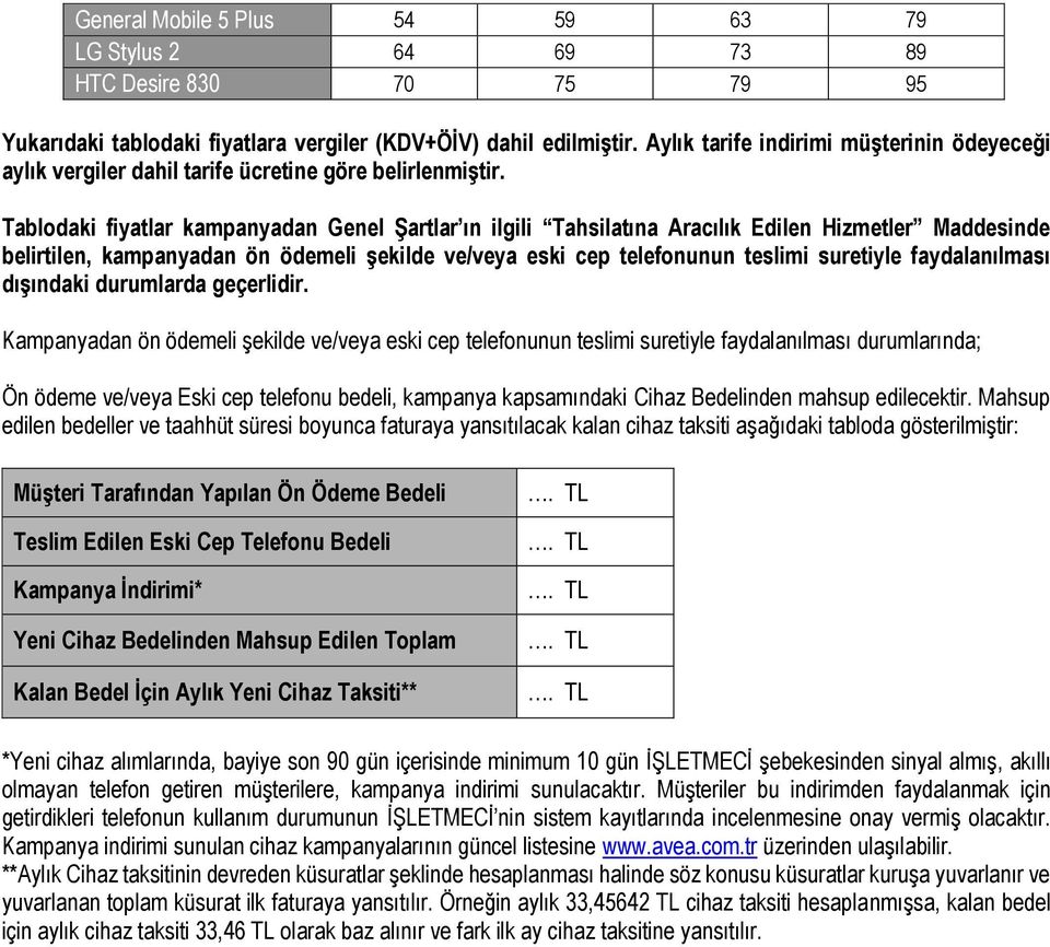 Tablodaki fiyatlar kampanyadan Genel Şartlar ın ilgili Tahsilatına Aracılık Edilen Hizmetler Maddesinde belirtilen, kampanyadan ön ödemeli şekilde ve/veya eski cep telefonunun teslimi suretiyle