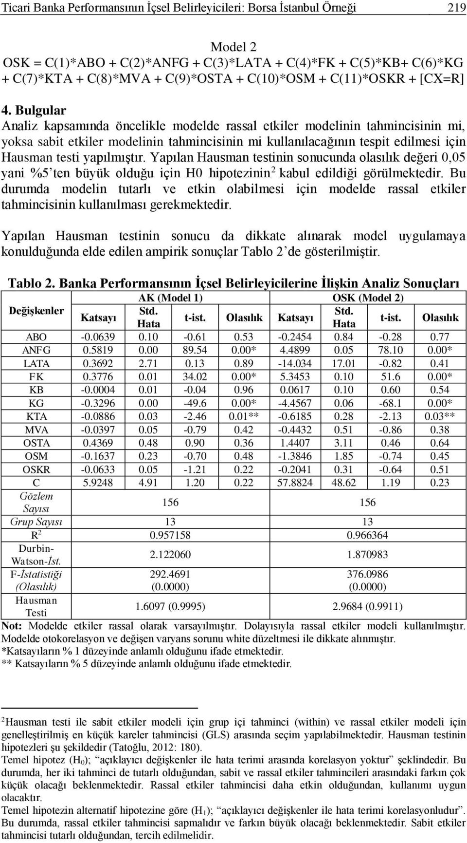 Bulgular Analiz kapsamında öncelikle modelde rassal etkiler modelinin tahmincisinin mi, yoksa sabit etkiler modelinin tahmincisinin mi kullanılacağının tespit edilmesi için Hausman testi yapılmıştır.