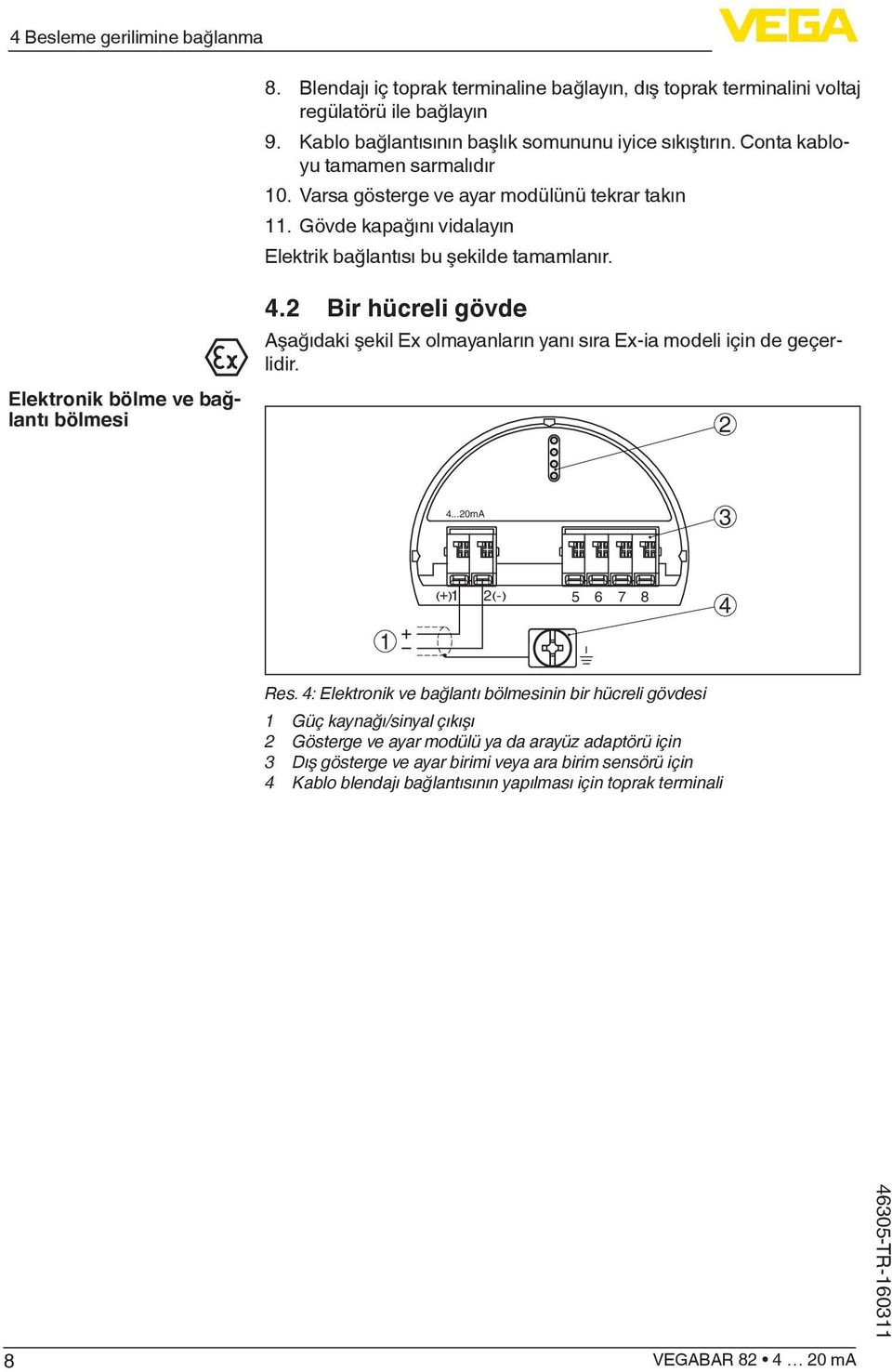 2 Bir hücreli gövde Aşağıdaki şekil Ex olmayanların yanı sıra Ex-ia modeli için de geçerlidir. 2 4...20mA 3 1 ( + ) 1 2 (-) 5 6 7 8 4 Res.