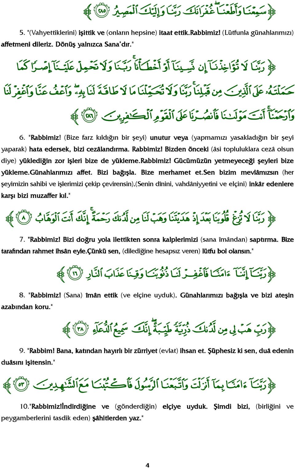 Bizden önceki (âsi topluluklara cezâ olsun diye) yüklediğin zor işleri bize de yükleme.rabbimiz! Gücümüzün yetmeyeceği şeyleri bize yükleme.günahlarımızı affet. Bizi bağışla. Bize merhamet et.