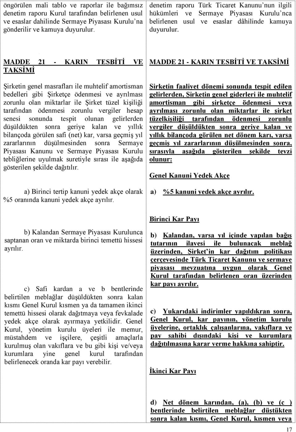 MADDE 21 - KARIN TESBİTİ VE TAKSİMİ Şirketin genel masrafları ile muhtelif amortisman bedelleri gibi Şirketçe ödenmesi ve ayrılması zorunlu olan miktarlar ile Şirket tüzel kişiliği tarafından