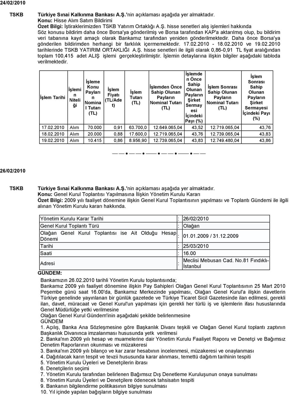 yeniden gönderilmektedir. Daha önce Borsa'ya gönderilen bildirimden herhangi bir farklılık içermemektedir. 17.02.2010-18.02.2010 ve 19.02.2010 tarihlerinde YATIRIM ORTAKLIĞI A.Ş.