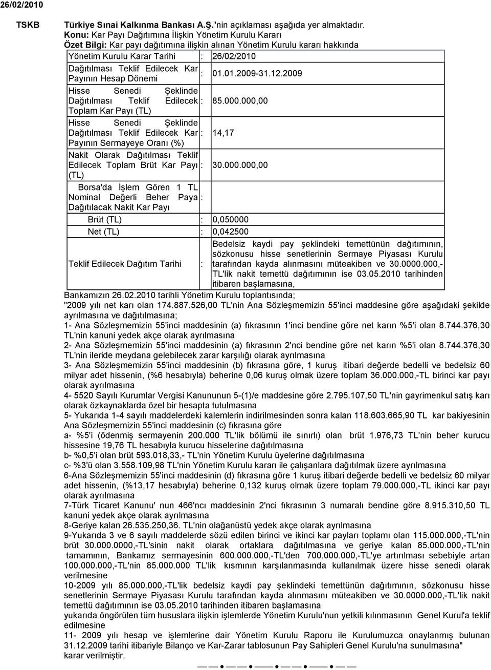 000,00 Toplam Kar Payı Hisse Senedi Şeklinde Dağıtılması Teklif Edilecek Kar : 14,17 Payının Sermayeye Oranı (%) Nakit Olarak Dağıtılması Teklif Edilecek Toplam Brüt Kar Payı : 30.000.000,00 Borsa'da