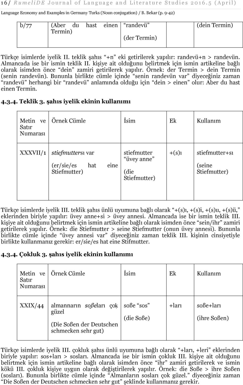 kişiye ait olduğunu belirtmek için ismin artikeline bağlı olarak isimden önce dein zamiri getirilerek yapılır. Örnek: der Termin > dein Termin (senin randevün).