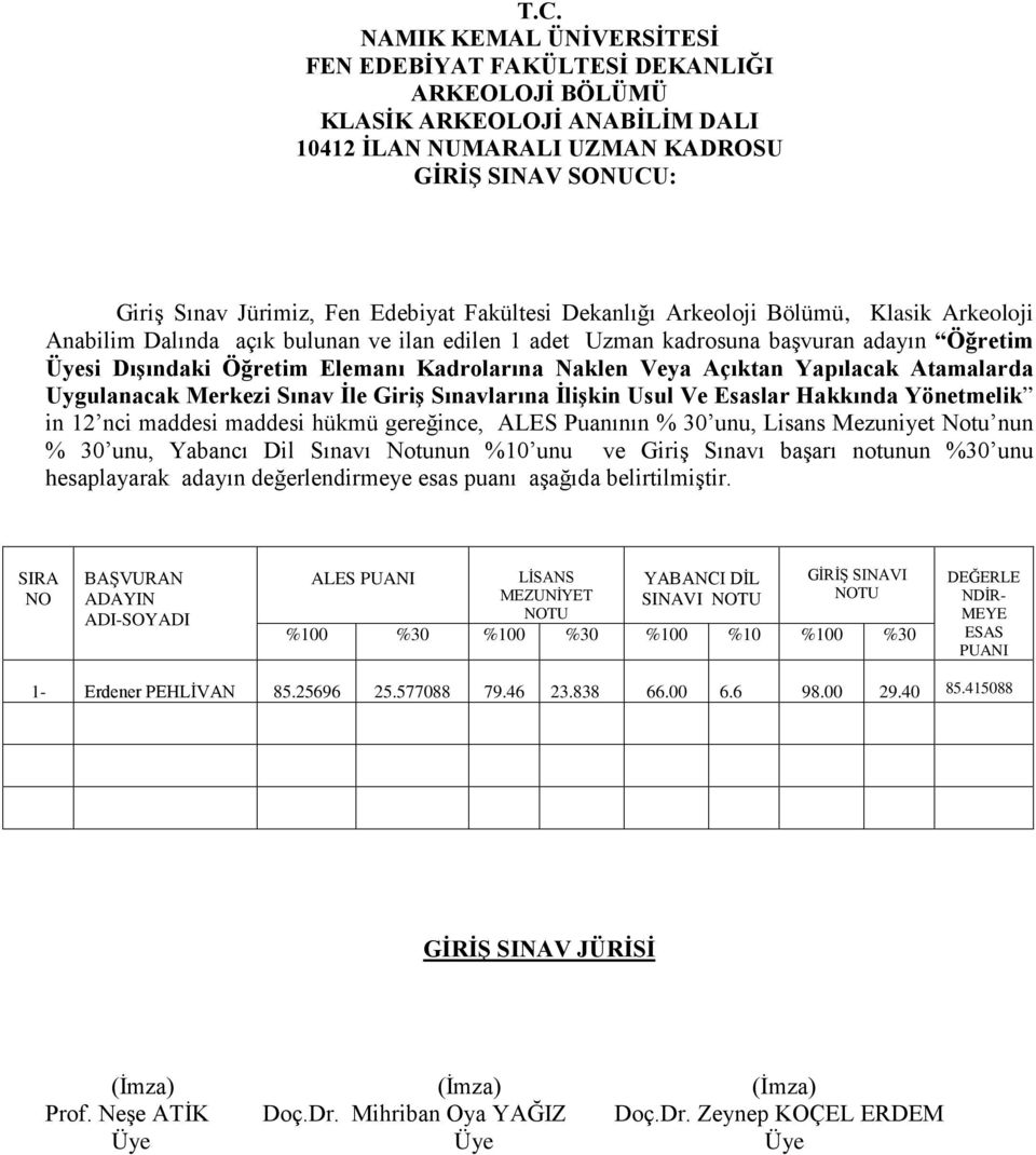 İlişkin Usul Ve Esaslar Hakkında Yönetmelik in 12 nci maddesi maddesi hükmü gereğince, ALES Puanının % 30 unu, Lisans Mezuniyet Notu nun % 30 unu, Yabancı Dil Sınavı Notunun %10 unu ve Giriş Sınavı