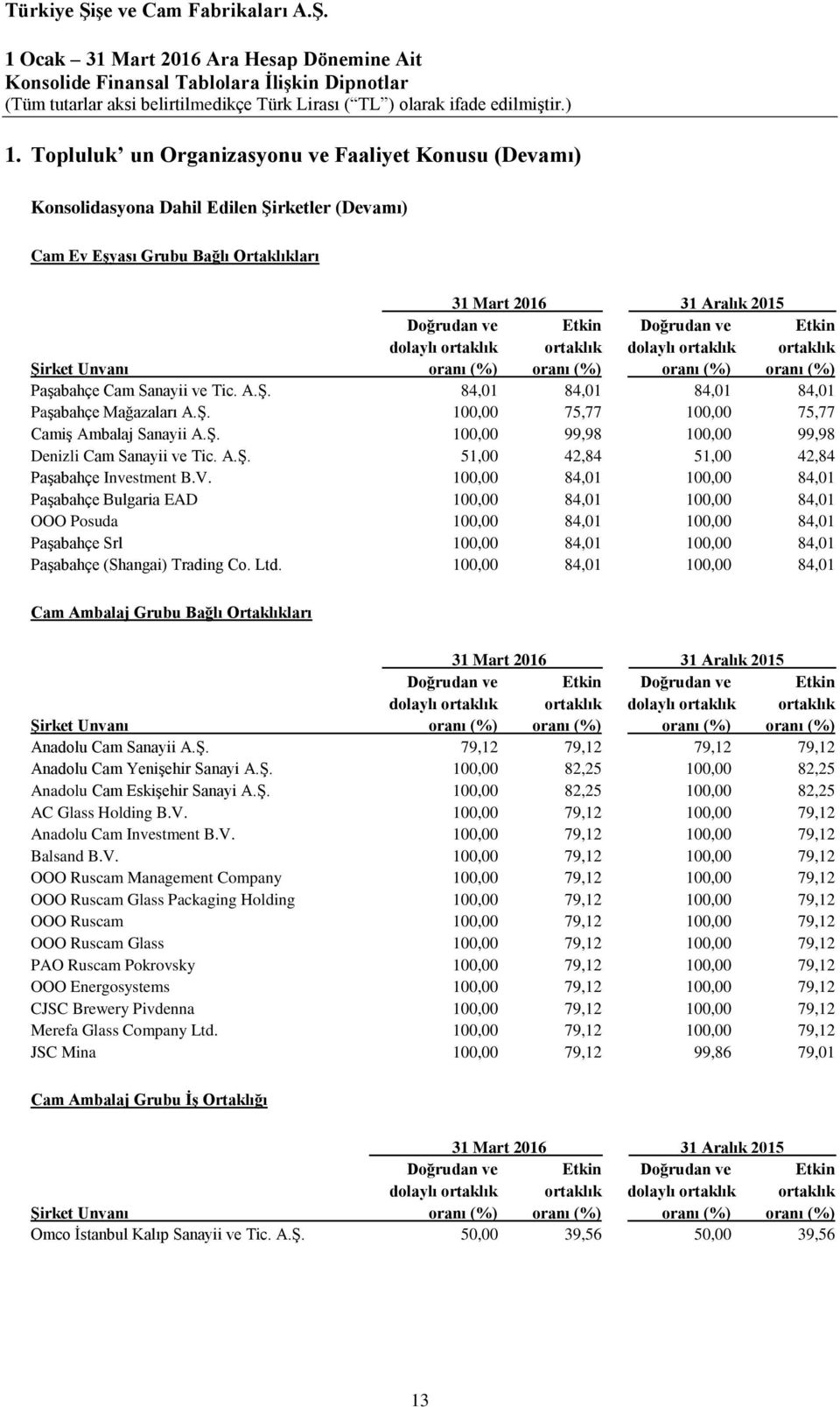 Ş. 100,00 99,98 100,00 99,98 Denizli Cam Sanayii ve Tic. A.Ş. 51,00 42,84 51,00 42,84 Paşabahçe Investment B.V.