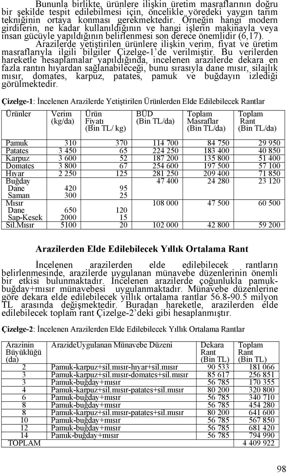 Arazilerde yetiştirilen ürünlere ilişkin verim, fiyat ve üretim masraflarıyla ilgili bilgiler Çizelge-1 de verilmiştir.