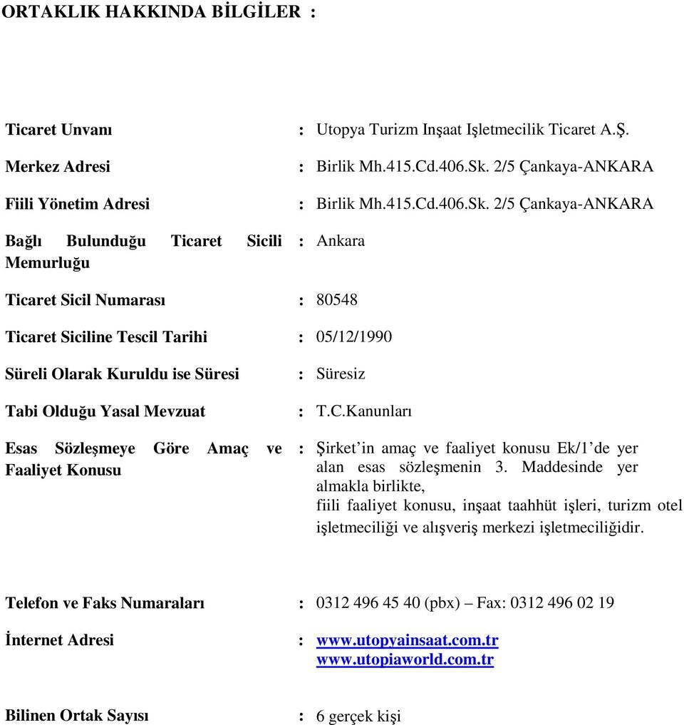 2/5 Çankaya-ANKARA : Ankara Ticaret Sicil Numarası : 80548 Ticaret Siciline Tescil Tarihi : 05/12/1990 Süreli Olarak Kuruldu ise Süresi Tabi Olduğu Yasal Mevzuat Esas Sözleşmeye Göre Amaç ve Faaliyet