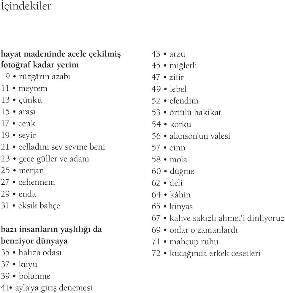 kuyu 39 bölünme 41 ayla ya giriş denemesi 43 arzu 45 miğferli 47 zifir 49 lebel 52 efendim 53 örtülü hakikat 54 korku 56 alanson un valesi 57