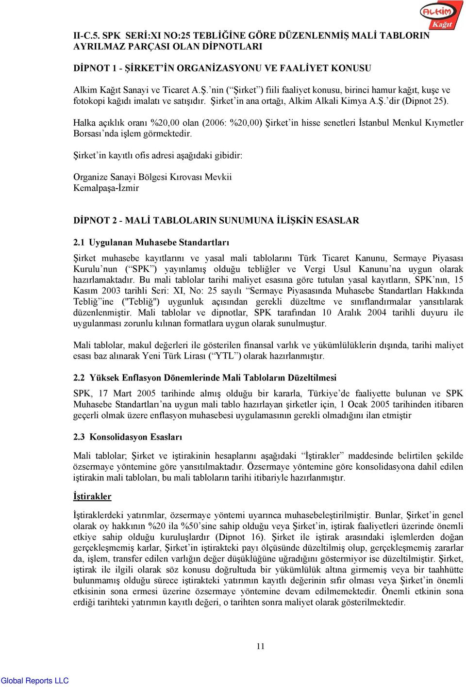 Şirket in kayıtlı ofis adresi aşağıdaki gibidir: Organize Sanayi Bölgesi Kırovası Mevkii Kemalpaşa-İzmir DİPNOT 2 - MALİ TABLOLARIN SUNUMUNA İLİŞKİN ESASLAR 2.