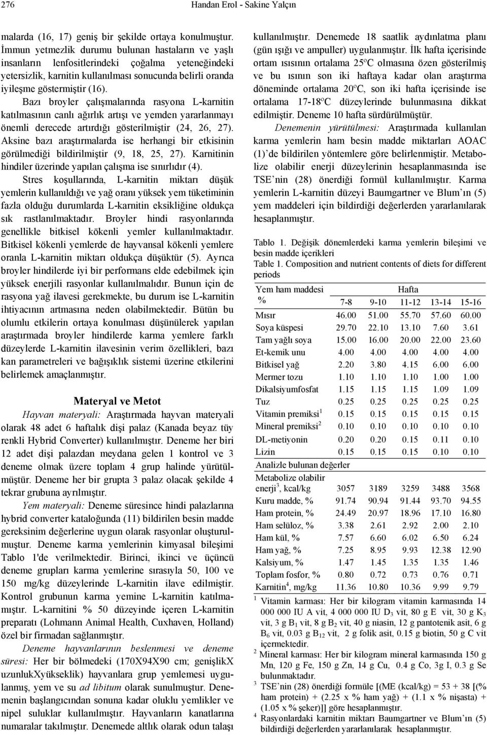 Bazı broyler çalışmalarında rasyona L-karnitin katılmasının canlı ağırlık artışı ve yemden yararlanmayı önemli derecede artırdığı gösterilmiştir (24, 26, 27).