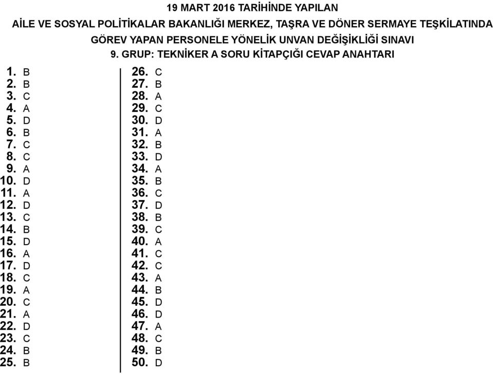 B GÖREV YPN PERSONELE YÖNELİK UNVN DEĞİŞİKLİĞİ SINVI 9. GRUP: TEKNİKER SORU KİTPÇIĞI CEVP NHTRI 26. C 27. B 28. 29.