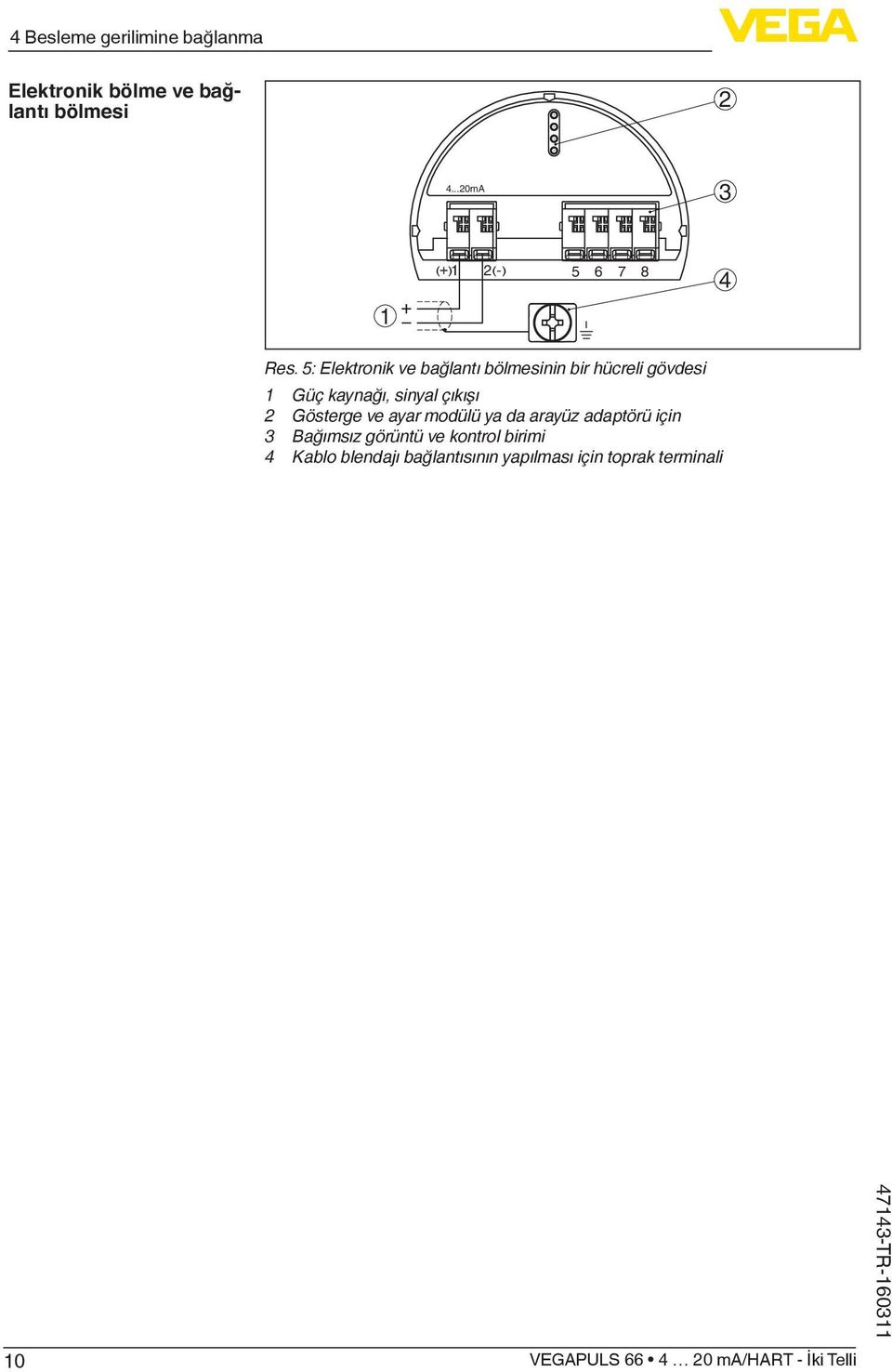 5: Elektronik ve bağlantı bölmesinin bir hücreli gövdesi 1 Güç kaynağı, sinyal çıkışı 2