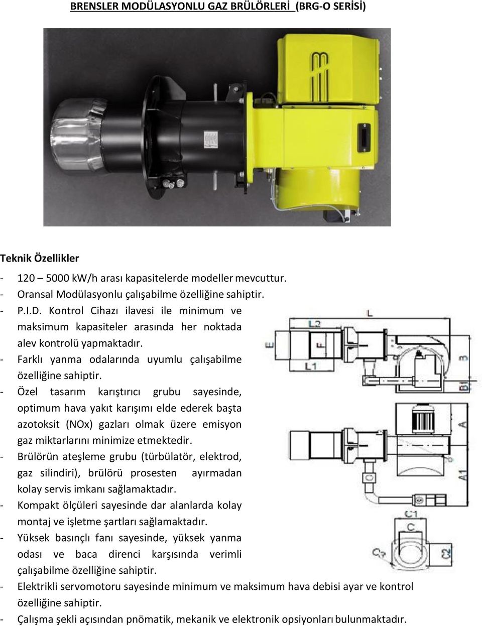 minimize etmektedir. - Brülörün ateşleme grubu (türbülatör, elektrod, gaz silindiri), brülörü prosesten ayırmadan kolay servis imkanı sağlamaktadır.