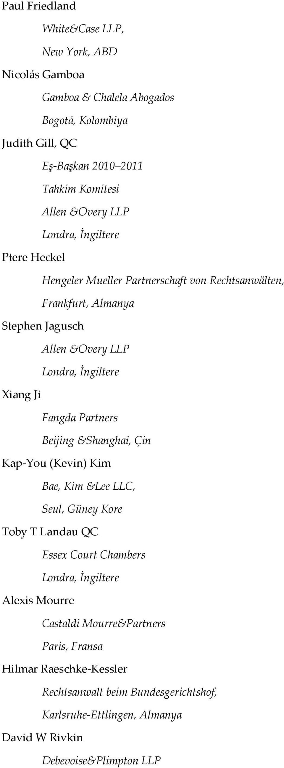 Xiang Ji Fangda Partners Beijing &Shanghai, Çin Kap-You (Kevin) Kim Bae, Kim &Lee LLC, Seul, Güney Kore Toby T Landau QC Essex Court Chambers Londra, İngiltere Alexis