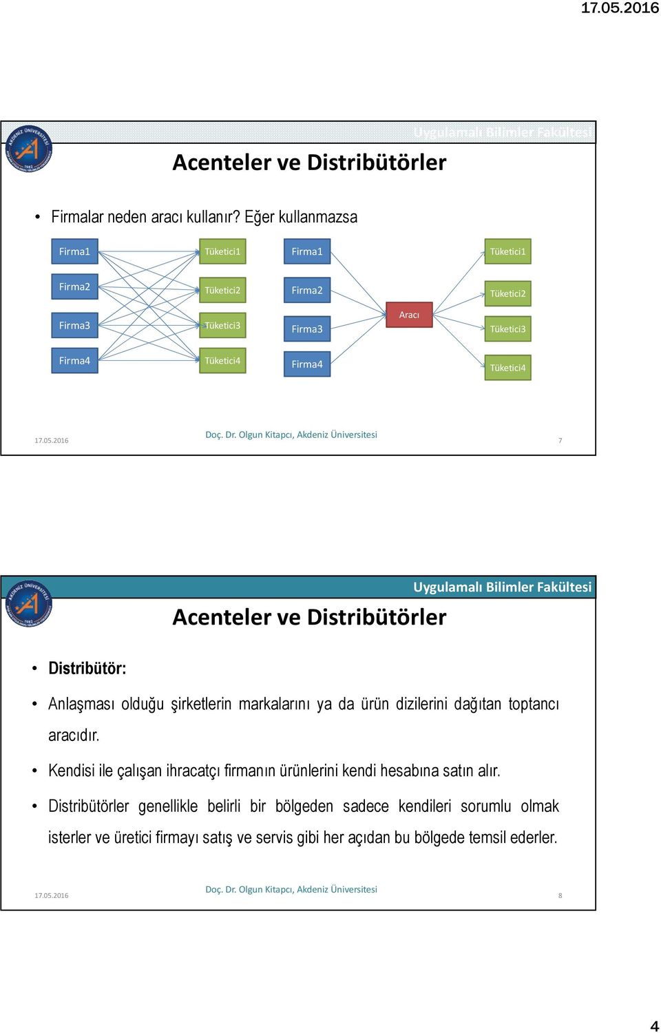 Tüketici4 17.05.2016 7 Acenteler ve Distribütörler Distribütör: Anlaşması olduğu şirketlerin markalarını ya da ürün dizilerini dağıtan toptancı aracıdır.