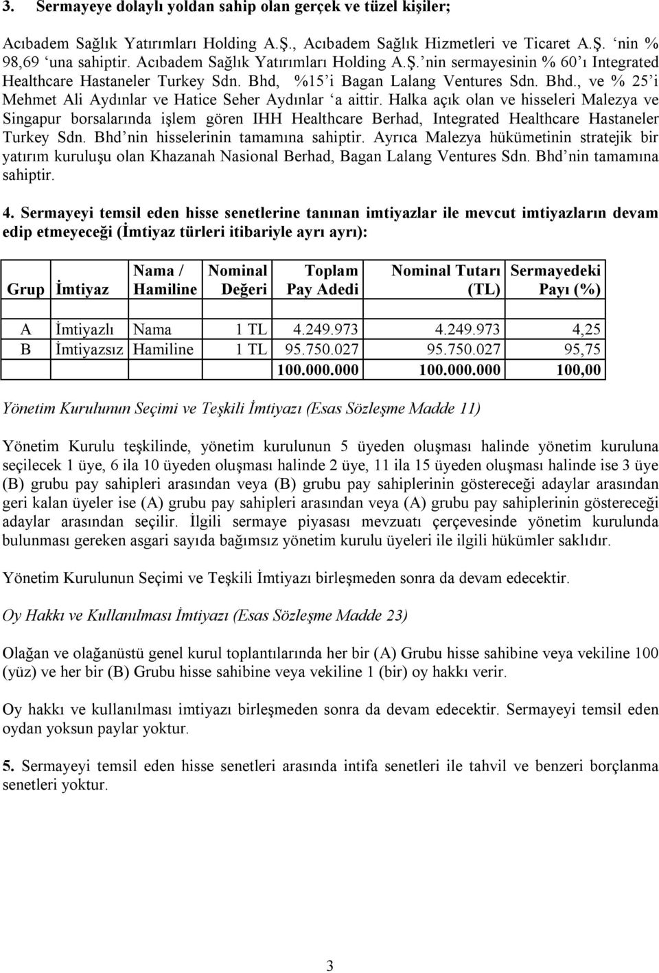 Halka açık olan ve hisseleri Malezya ve Singapur borsalarında işlem gören IHH Healthcare Berhad, Integrated Healthcare Hastaneler Turkey Sdn. Bhd nin hisselerinin tamamına sahiptir.