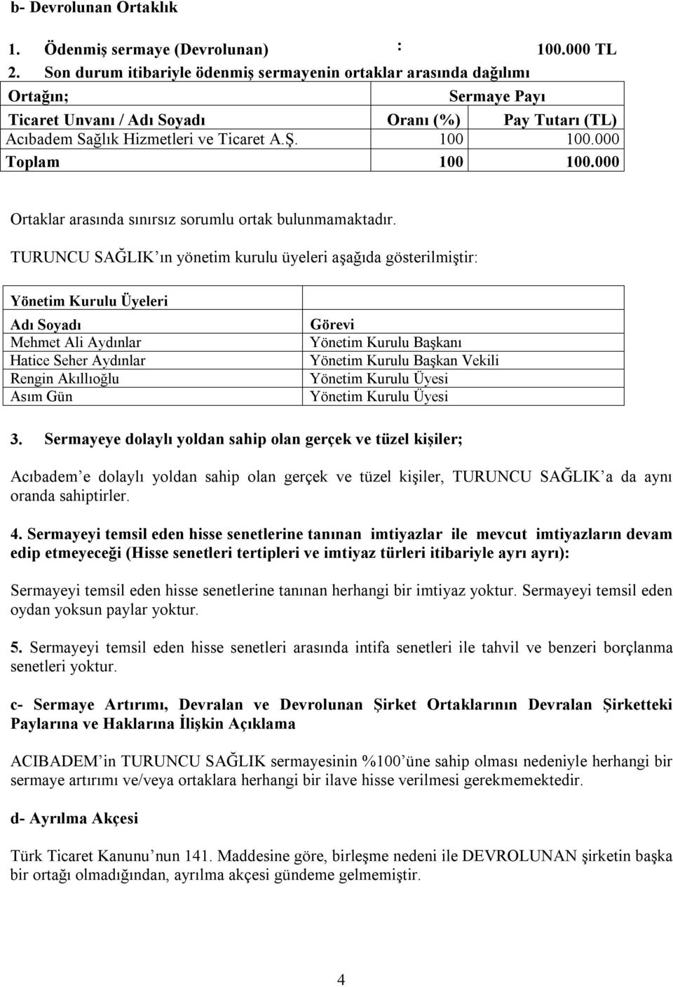 000 Toplam 100 100.000 Ortaklar arasında sınırsız sorumlu ortak bulunmamaktadır.