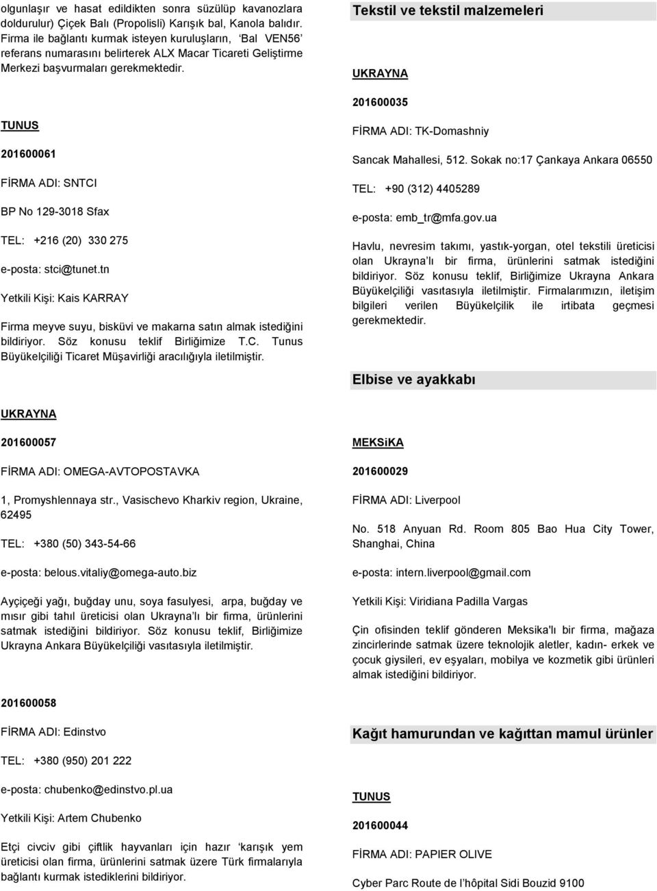 Tekstil ve tekstil malzemeleri UKRAYNA 201600035 201600061 FİRMA ADI: SNTCI BP No 129-3018 Sfax TEL: +216 (20) 330 275 e-posta: stci@tunet.