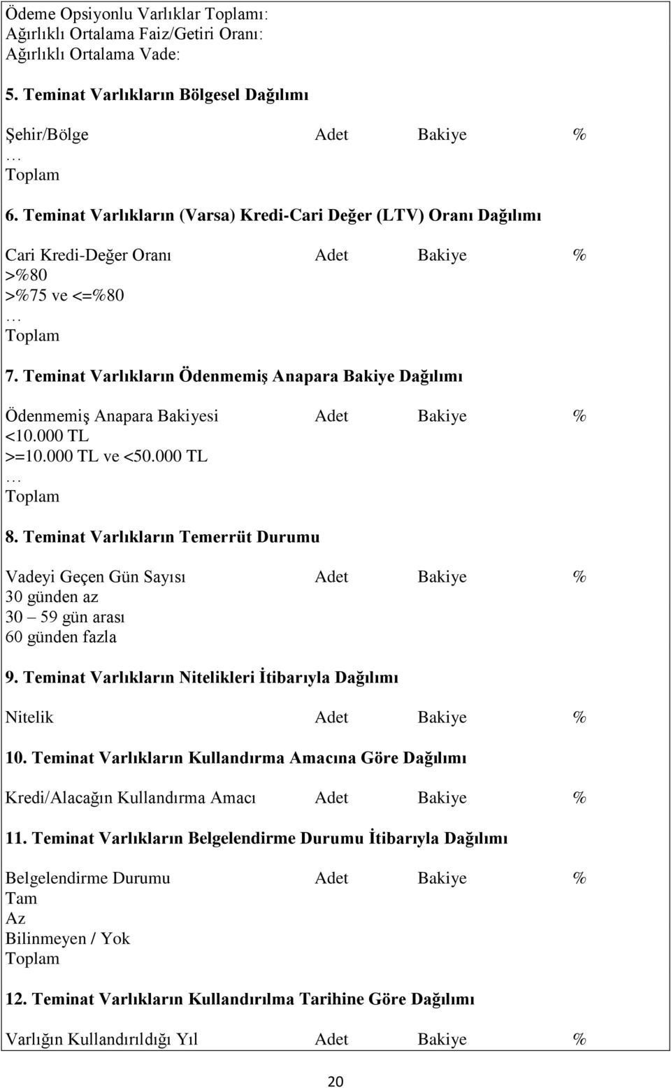 Teminat Varlıkların Ödenmemiş Anapara Bakiye Dağılımı Ödenmemiş Anapara Bakiyesi Adet Bakiye % <10.000 TL >=10.000 TL ve <50.000 TL Toplam 8.