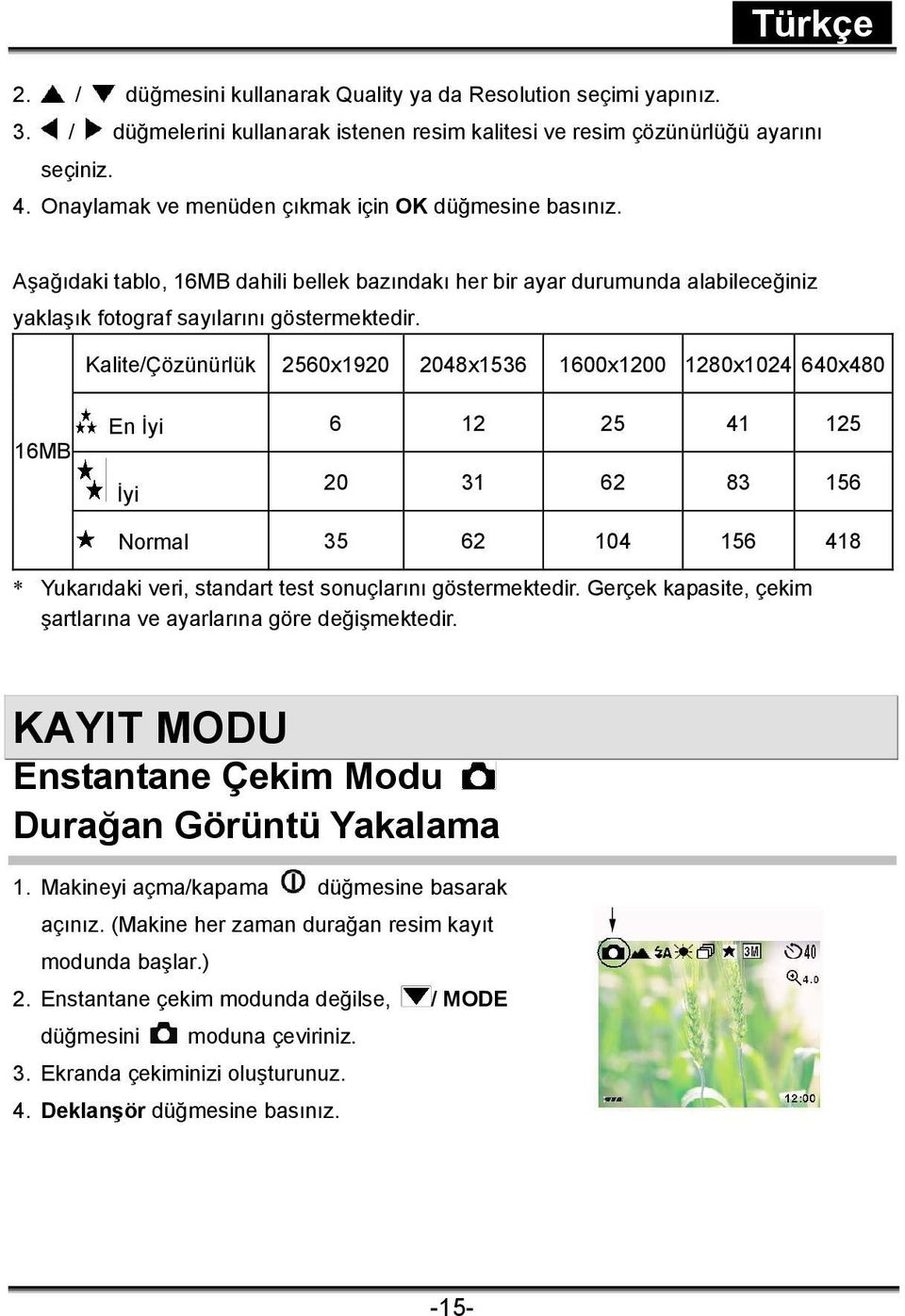 Kalite/Çözünürlük 2560x1920 2048x1536 1600x1200 1280x1024 640x480 16MB En İyi 6 12 25 41 125 İyi 20 31 62 83 156 Normal 35 62 104 156 418 * Yukarıdaki veri, standart test sonuçlarını göstermektedir.