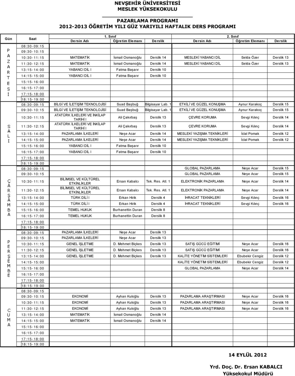 1 ETKİLİ VE GÜZEL KONUŞMA Aynur Karakoç Derslik 15 09:30-10:15 BİLGİ VE İLETİŞİM TEKNOLOJİSİ Suad Başbuğ Bilgisayar Lab.