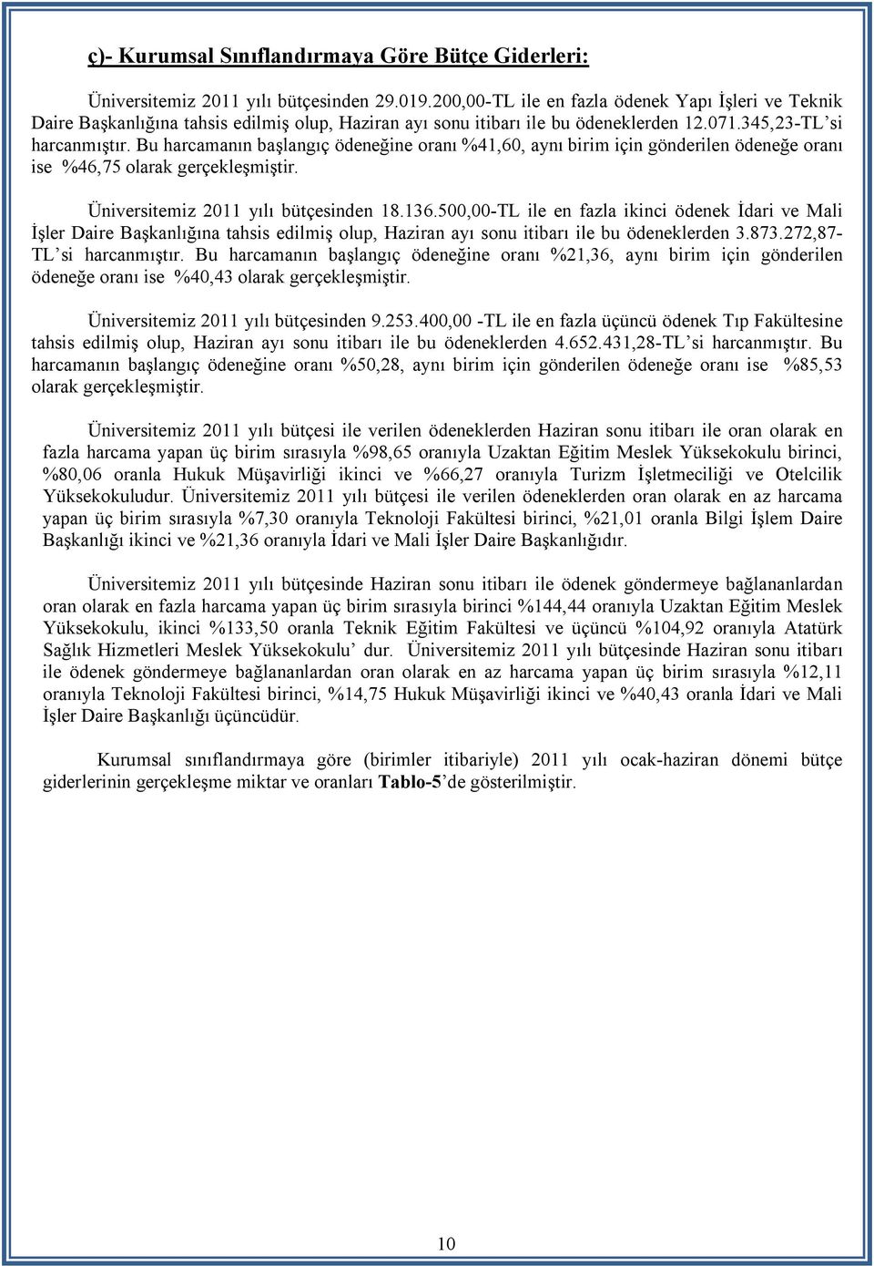 Bu harcamanın başlangıç ödeneğine oranı %41,60, aynı birim için gönderilen ödeneğe oranı ise %46,75 olarak gerçekleşmiştir. Üniversitemiz 2011 yılı bütçesinden 18.136.