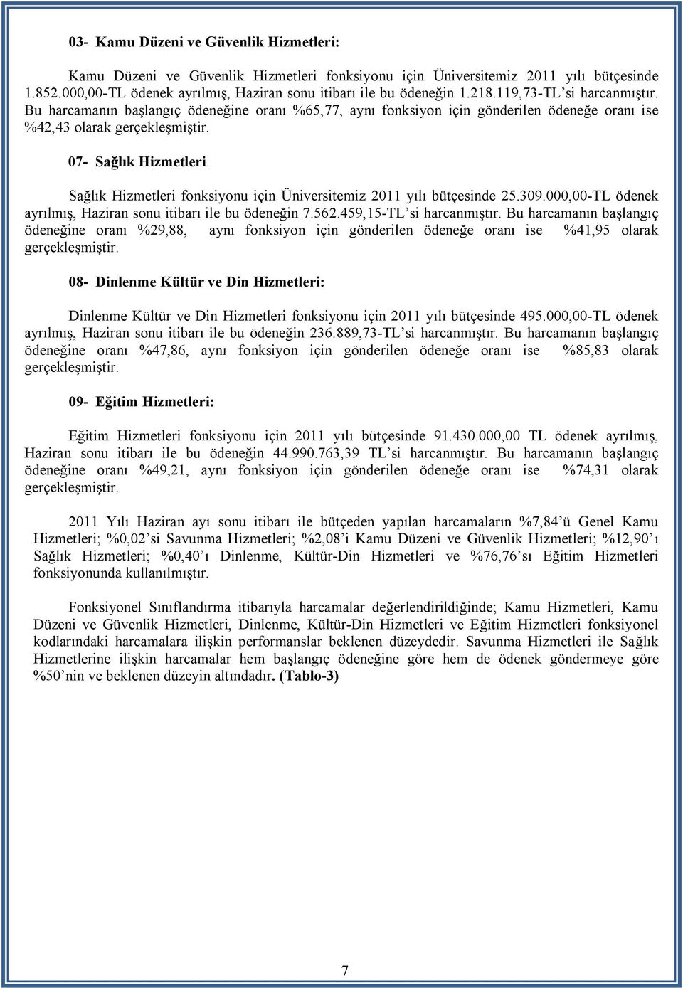 07- Sağlık Hizmetleri Sağlık Hizmetleri fonksiyonu için Üniversitemiz 2011 yılı bütçesinde 25.309.000,00-TL ödenek ayrılmış, Haziran sonu itibarı ile bu ödeneğin 7.562.459,15-TL si harcanmıştır.