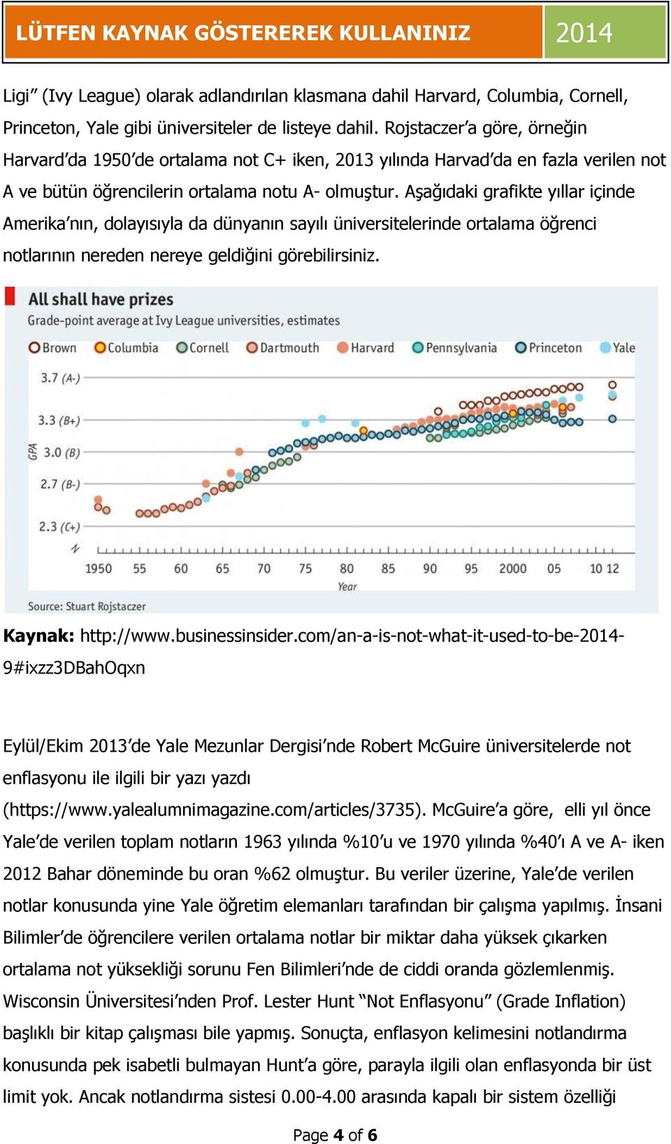 Aşağıdaki grafikte yıllar içinde Amerika nın, dolayısıyla da dünyanın sayılı üniversitelerinde ortalama öğrenci notlarının nereden nereye geldiğini görebilirsiniz. Kaynak: http://www.businessinsider.