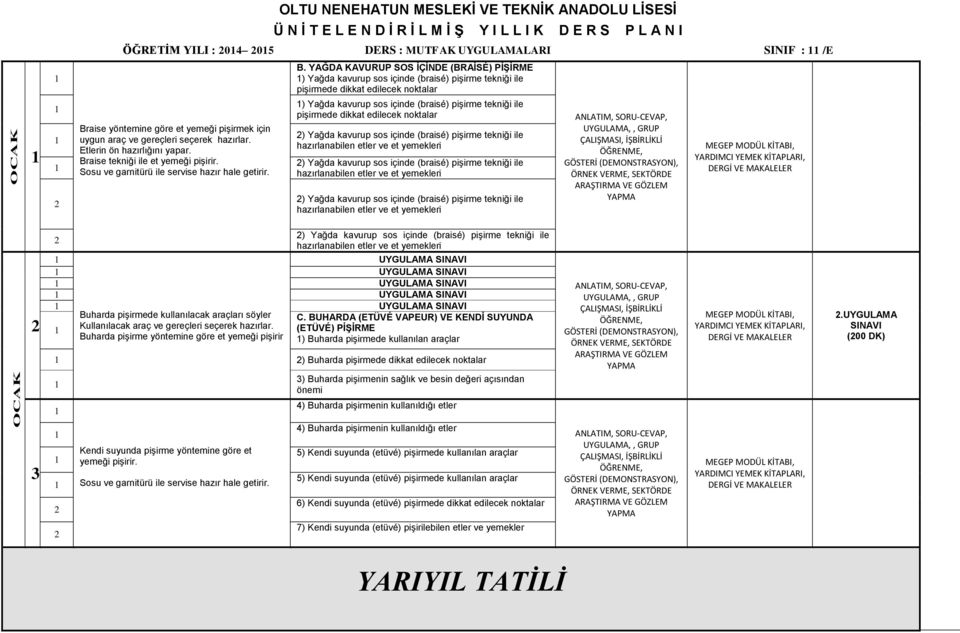 gereçleri seçerek. Etlerin ön hazırlığını yapar. Braise tekniği ile et yemeği pişirir. Sosu ve garnitürü ile servise hazır hale getirir.