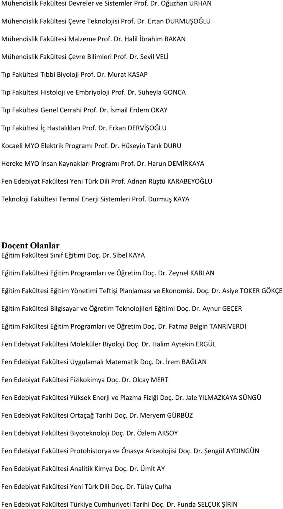 Dr. Erkan DERVİŞOĞLU Kocaeli MYO Elektrik Programı Prof. Dr. Hüseyin Tarık DURU Hereke MYO İnsan Kaynakları Programı Prof. Dr. Harun DEMİRKAYA Fen Edebiyat Fakültesi Yeni Türk Dili Prof.