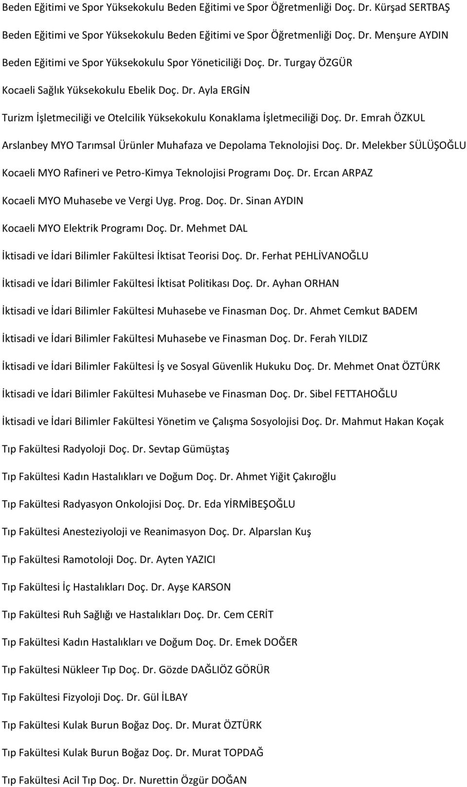 Dr. Melekber SÜLÜŞOĞLU Kocaeli MYO Rafineri ve Petro-Kimya Teknolojisi Programı Doç. Dr. Ercan ARPAZ Kocaeli MYO Muhasebe ve Vergi Uyg. Prog. Doç. Dr. Sinan AYDIN Kocaeli MYO Elektrik Programı Doç.