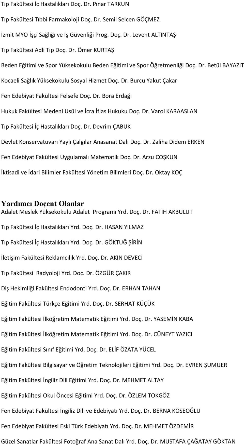 Dr. Bora Erdağı Hukuk Fakültesi Medeni Usül ve İcra İflas Hukuku Doç. Dr. Varol KARAASLAN Tıp Fakültesi İç Hastalıkları Doç. Dr. Devrim ÇABUK Devlet Konservatuvarı Yaylı Çalgılar Anasanat Dalı Doç.