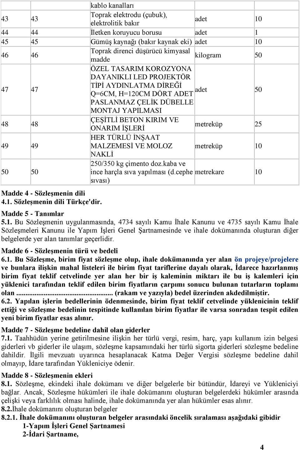 49 49 HER TÜRLÜ İNŞAAT MALZEMESİ VE MOLOZ metreküp 10 NAKLİ 250/350 kg çimento doz.kaba ve 50 50 ince harçla sıva yapılması (d.cephe metrekare 10 sıvası) Madde 4 - Sözleşmenin dili 4.1. Sözleşmenin dili Türkçe'dir.