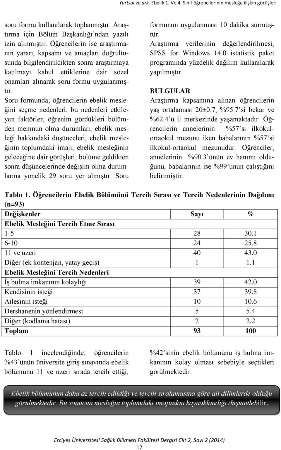 Soru formunda; öğrencilerin ebelik mesleğini seçme nedenleri, bu nedenleri etkileyen faktörler, öğrenim gördükleri bölümden memnun olma durumları, ebelik mesleği hakkındaki düşünceleri, ebelik