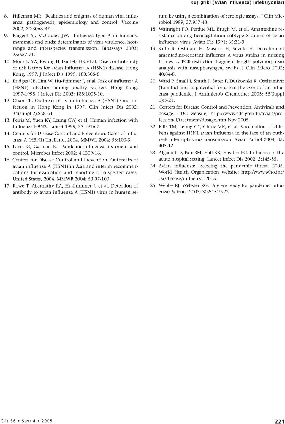 Case-control study of risk factors for avian influenza A (H5N1) disease, Hong Kong, 1997. J Infect Dis 1999; 180:505-8. 11. Bridges CB, Lim W, Hu-Primmer J, et al.