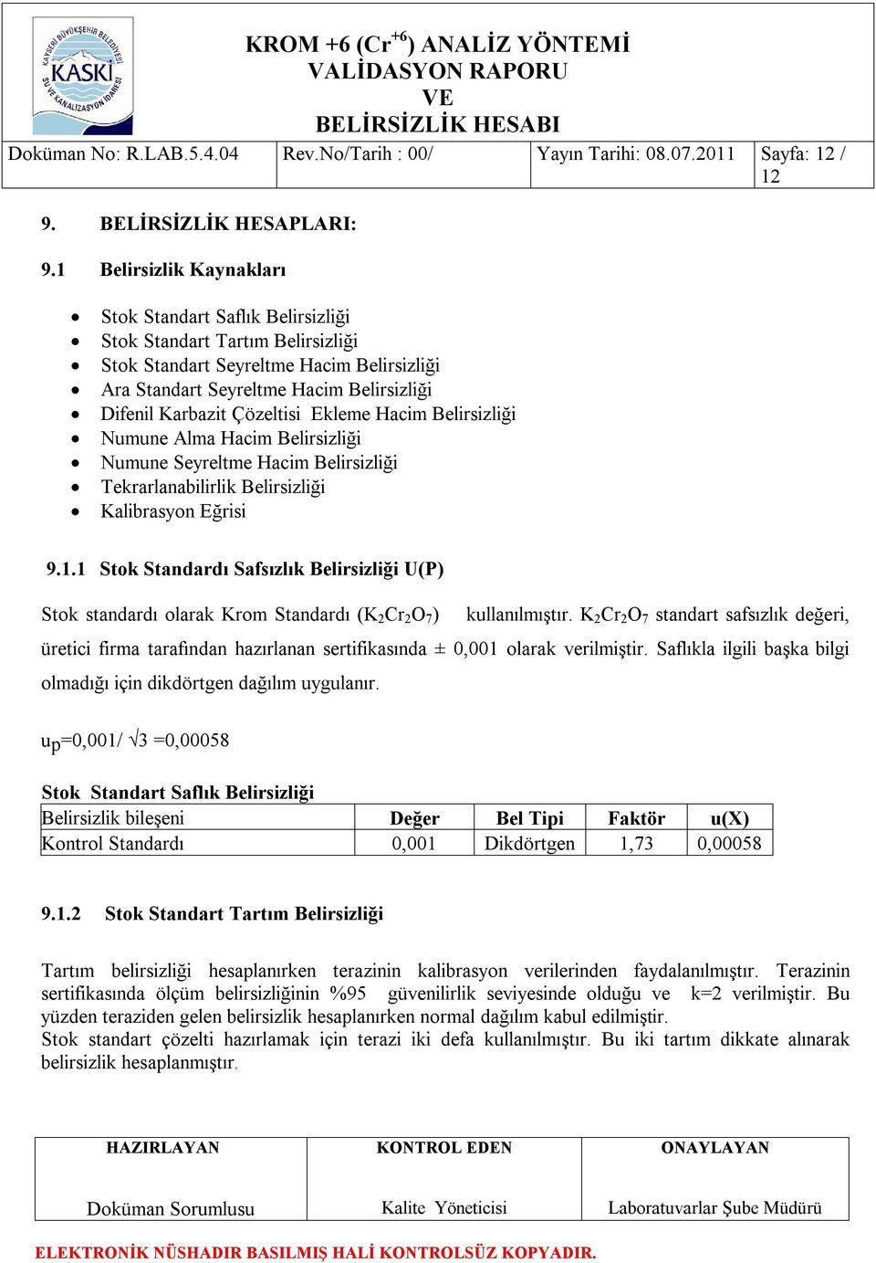 Çözeltisi Ekleme Hacim Belirsizliği Numune Alma Hacim Belirsizliği Numune Seyreltme Hacim Belirsizliği Tekrarlanabilirlik Belirsizliği Kalibrasyon Eğrisi 9.1.