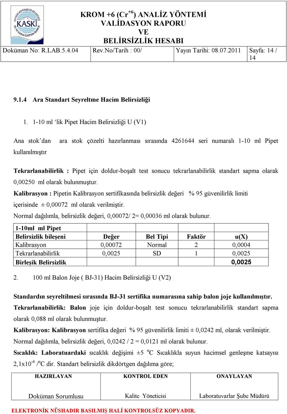 sonucu tekrarlanabilirlik standart sapma olarak 0,00250 ml olarak bulunmuştur.