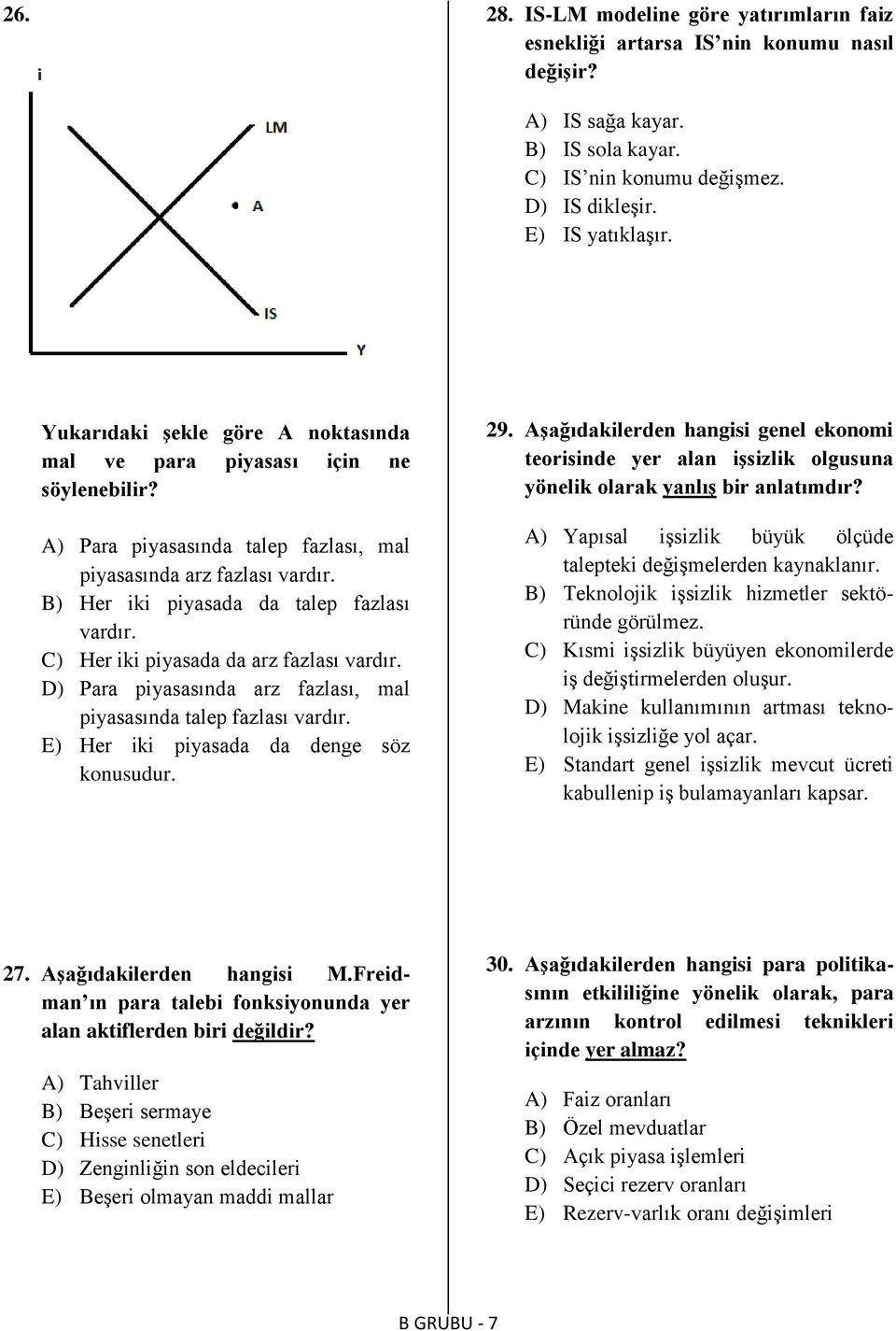 C) Her iki piyasada da arz fazlası vardır. D) Para piyasasında arz fazlası, mal piyasasında talep fazlası vardır. E) Her iki piyasada da denge söz konusudur. 29.