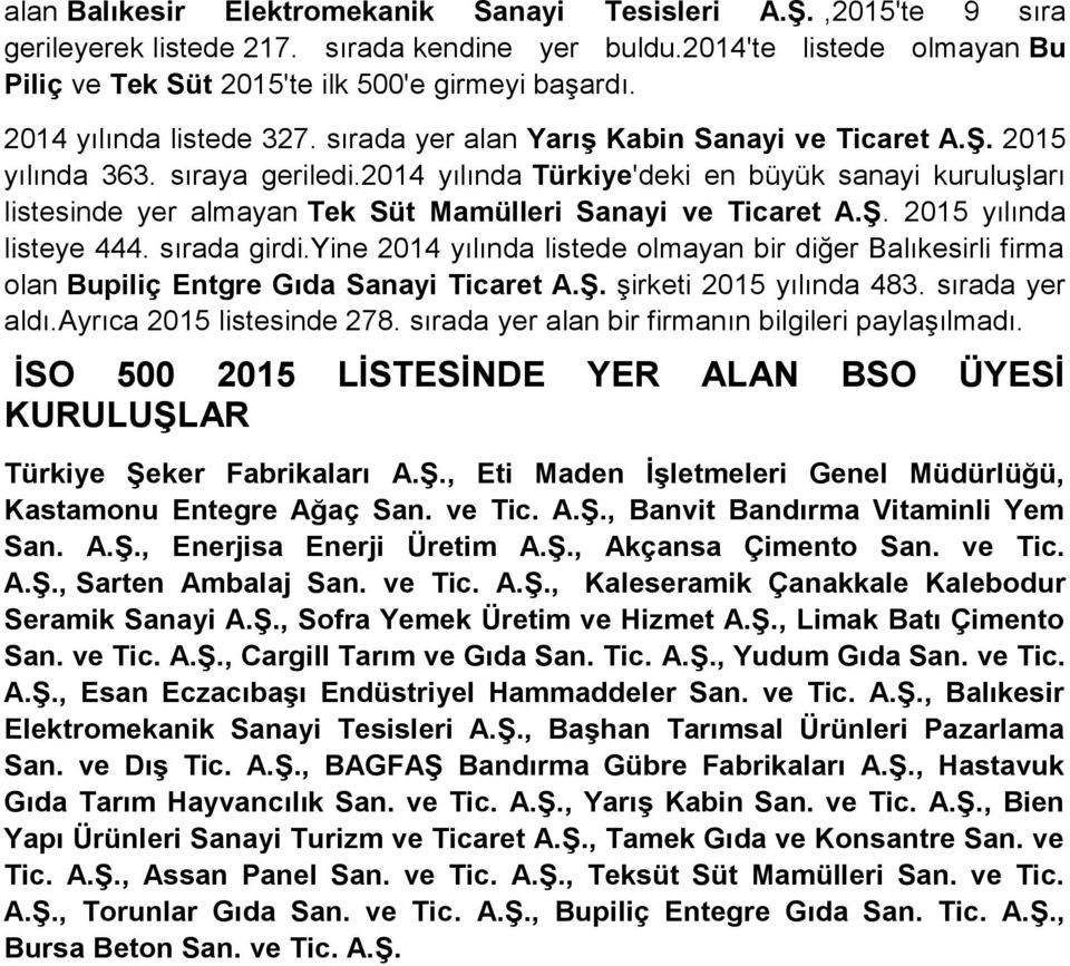 2014 yılında Türkiye'deki en büyük sanayi kuruluşları listesinde yer almayan Tek Süt Mamülleri Sanayi ve Ticaret A.Ş. 2015 yılında listeye 444. sırada girdi.