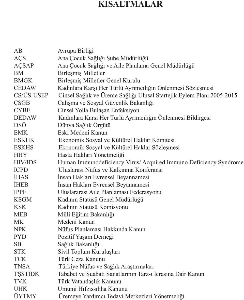 Yolla Bulaşan Enfeksiyon DEDAW Kadınlara Karşı Her Türlü Ayrımcılığın Önlenmesi Bildirgesi DSÖ Dünya Sağlık Örgütü EMK Eski Medeni Kanun ESKHK Ekonomik Sosyal ve Kültürel Haklar Komitesi ESKHS