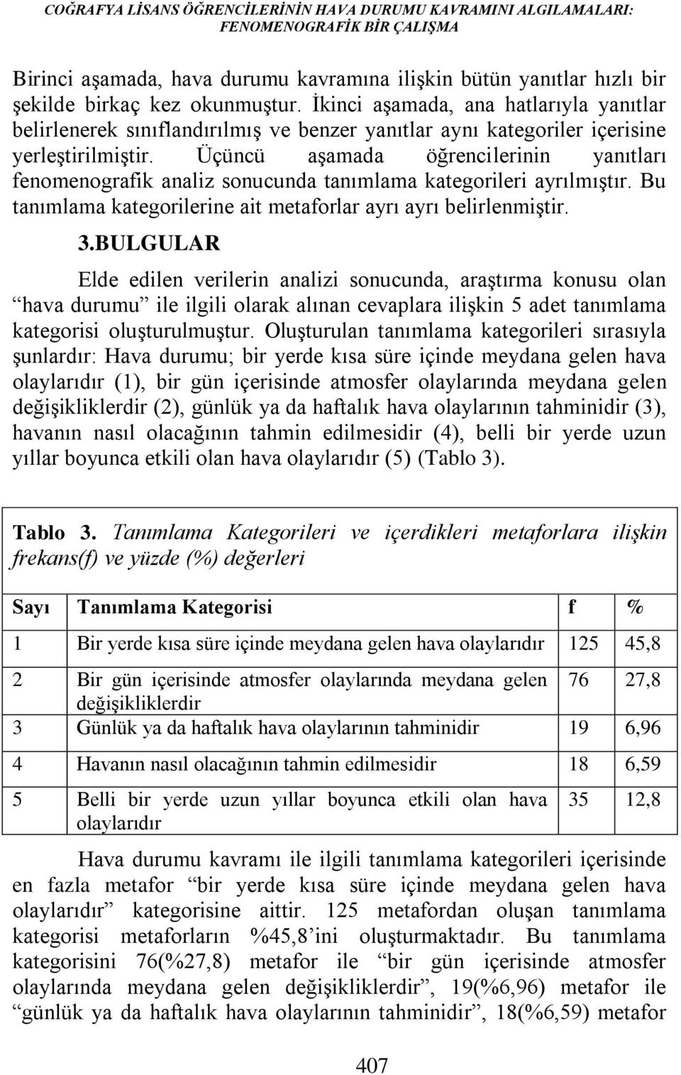 Üçüncü aşamada öğrencilerinin yanıtları fenomenografik analiz sonucunda tanımlama kategorileri ayrılmıştır. Bu tanımlama kategorilerine ait metaforlar ayrı ayrı belirlenmiştir. 3.